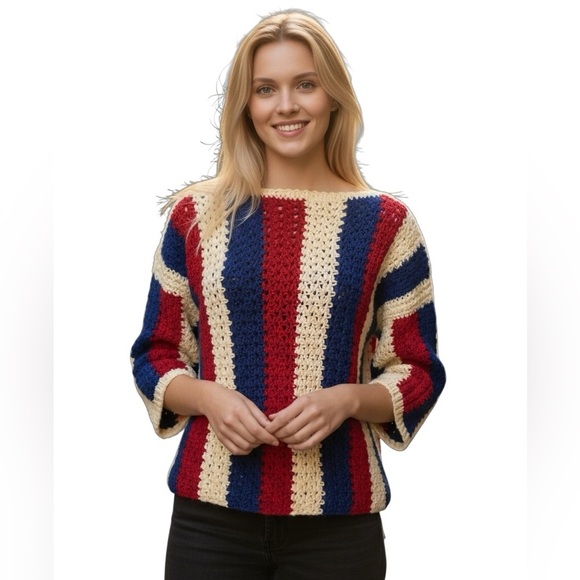 Hand Crochet Striped Multicolor Pullover Sweater Fits NEW Women’s Size S/M - Picture 1 of 9